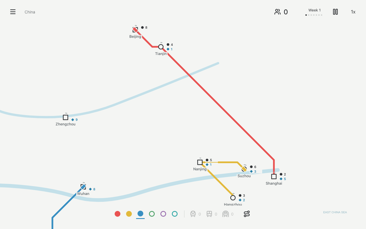 Rails gameplay showing a network of coloured railway lines connecting cities in China